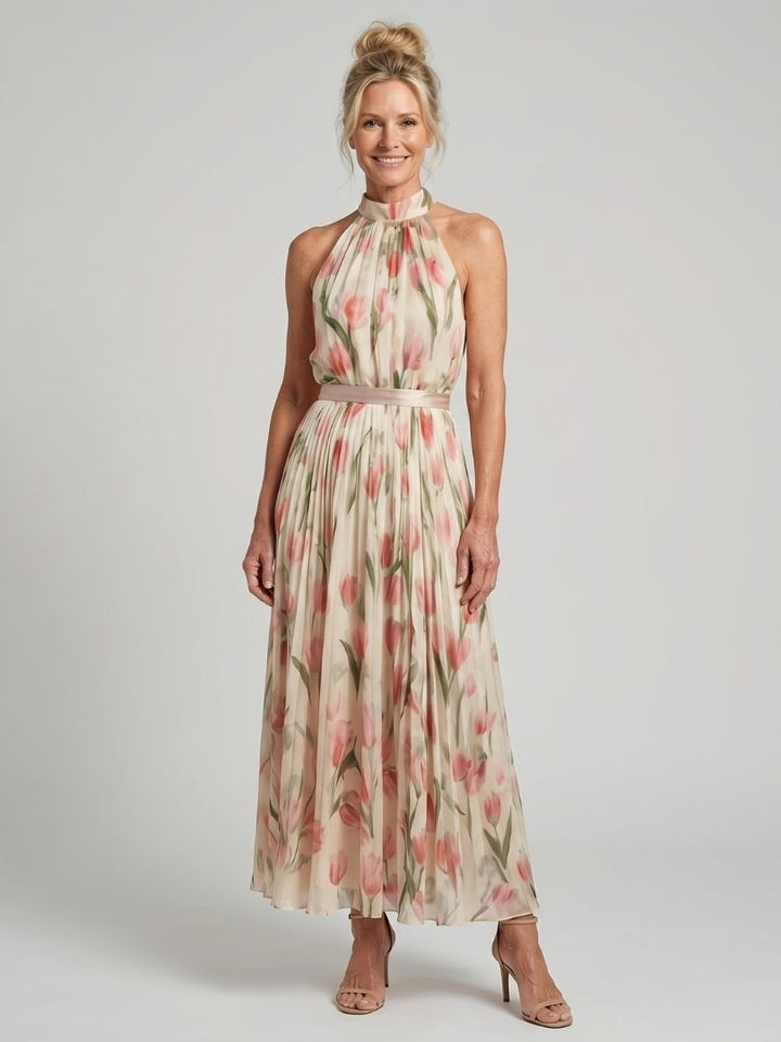 Aurelle | Vestito Midi con Collo Halter di Fiori