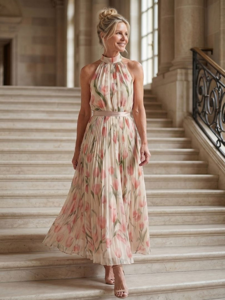 Aurelle | Vestito Midi con Collo Halter di Fiori