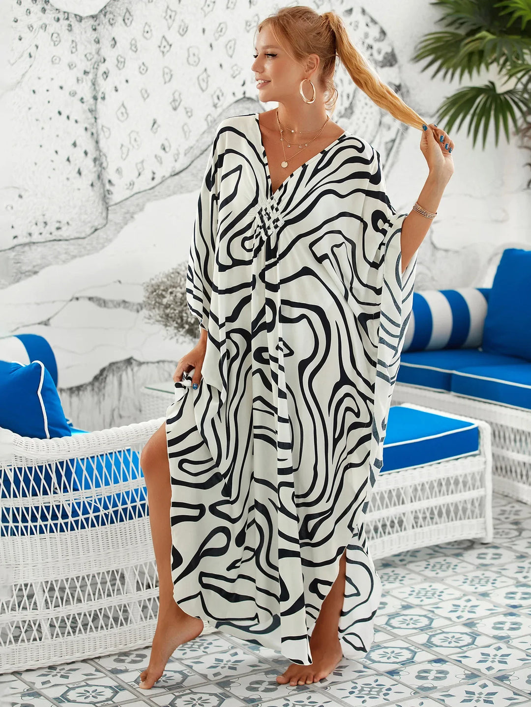 Nomi™ - Caftano Donna Estivo Maxi Abito da Mare Disponibile in Varianti Stampate