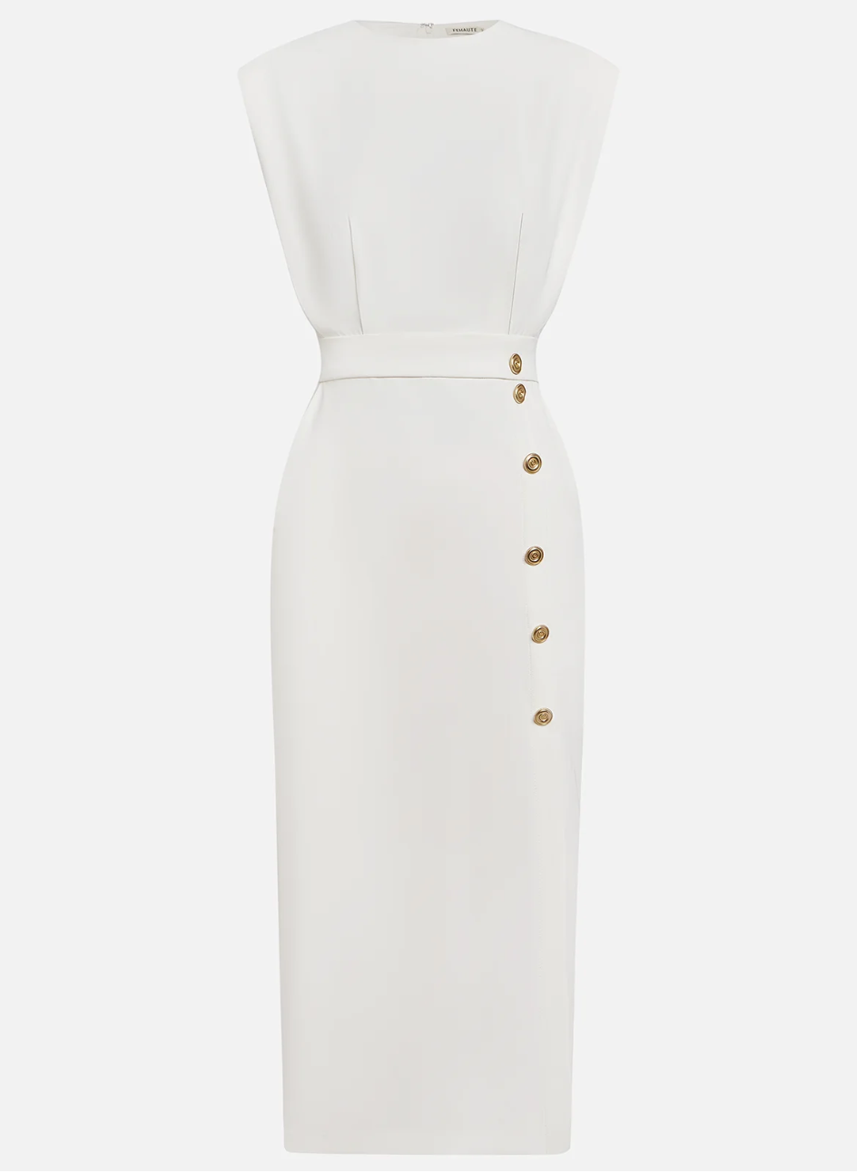 NOMI™ | Abito Avorio Elegante da Donna – Vestito Estivo con Bottoni Dorati e Spacco Laterale