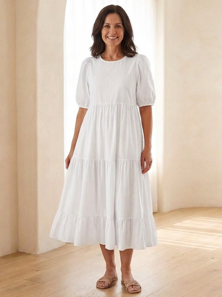 Brina | Vestito midi con scollo rotondo, maniche a sbuffo e volant