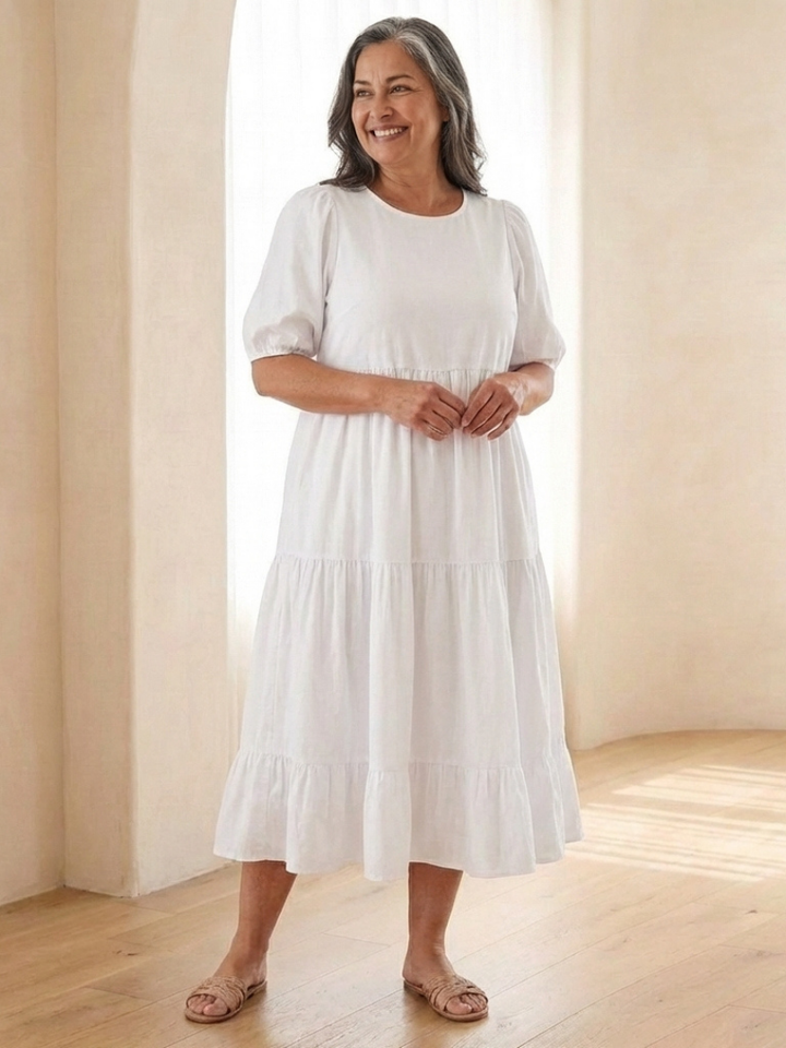 Brina | Vestito midi con scollo rotondo, maniche a sbuffo e volant