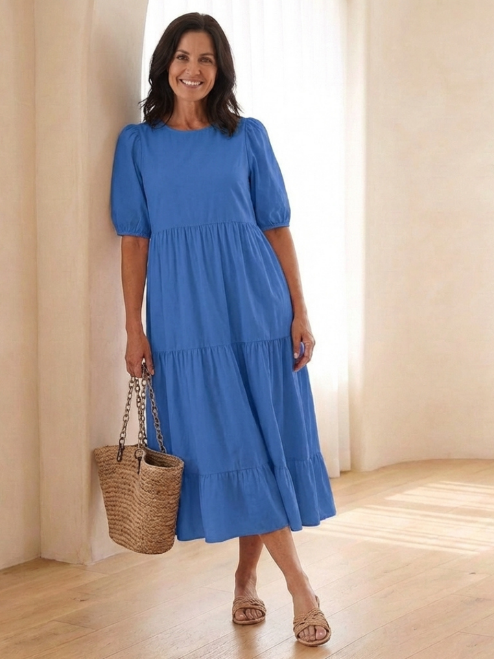 Brina | Vestito midi con scollo rotondo, maniche a sbuffo e volant