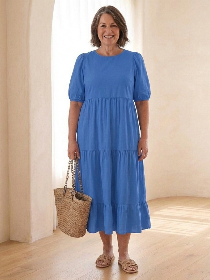 Brina | Vestito midi con scollo rotondo, maniche a sbuffo e volant