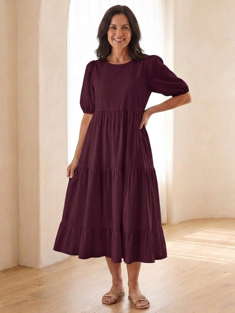 Brina | Vestito midi con scollo rotondo, maniche a sbuffo e volant