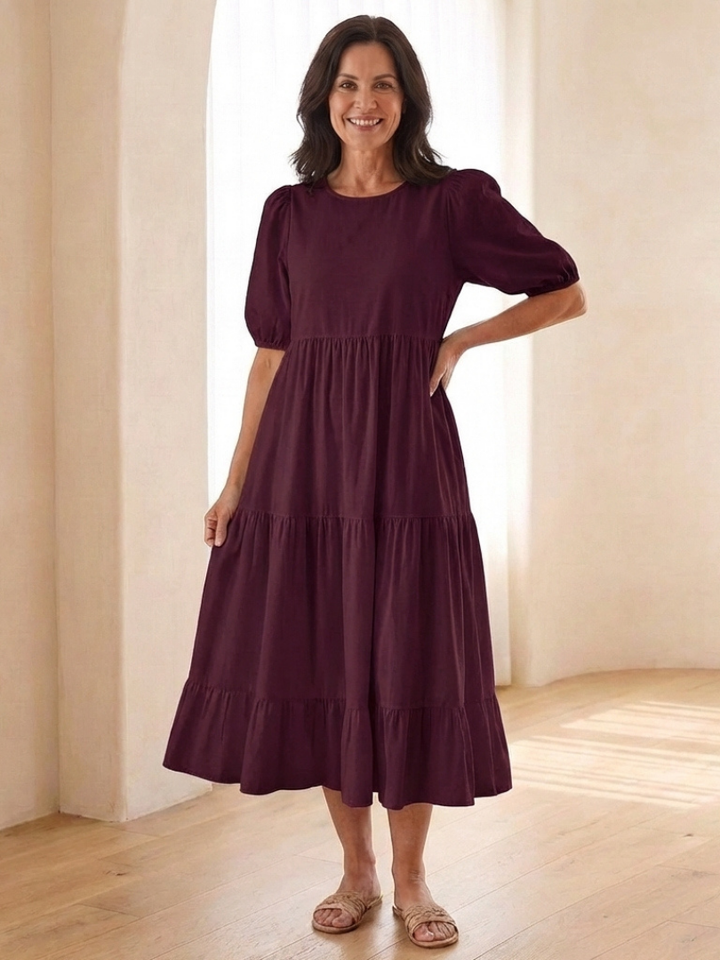 Brina | Vestito midi con scollo rotondo, maniche a sbuffo e volant