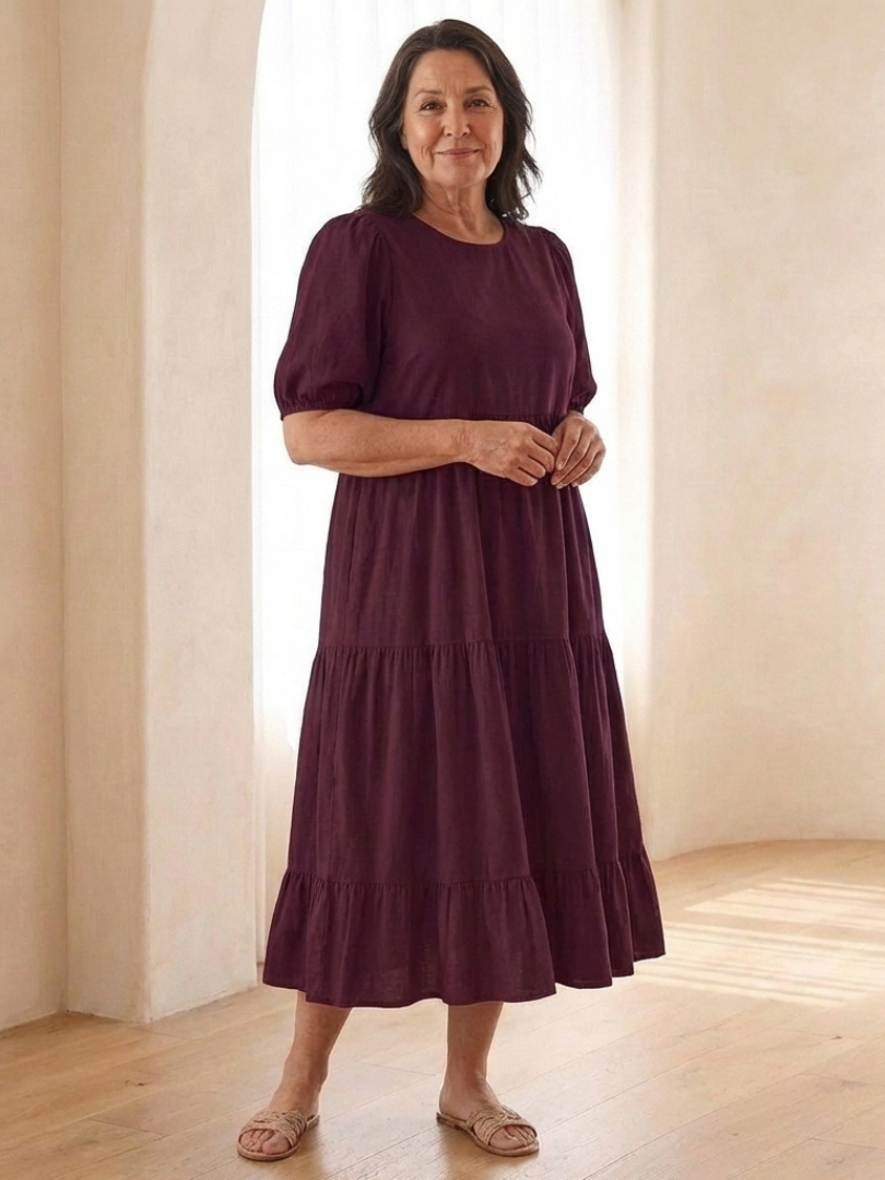 Brina | Vestito midi con scollo rotondo, maniche a sbuffo e volant
