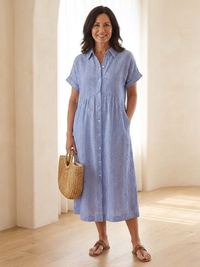 Linnea | Vestito Midi a Manica Corta con Bottoni Frontali a Righe