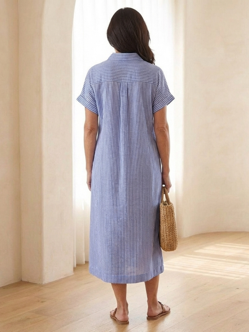 Linnea | Vestito Midi a Manica Corta con Bottoni Frontali a Righe