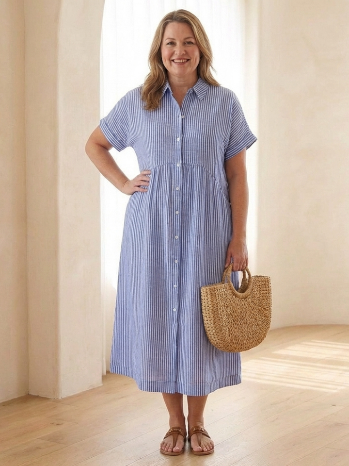 Linnea | Vestito Midi a Manica Corta con Bottoni Frontali a Righe