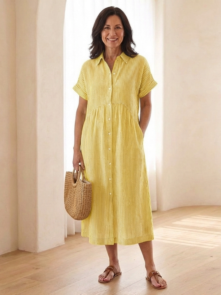 Linnea | Vestito Midi a Manica Corta con Bottoni Frontali a Righe