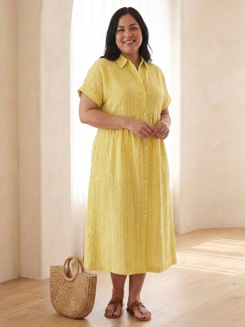 Linnea | Vestito Midi a Manica Corta con Bottoni Frontali a Righe