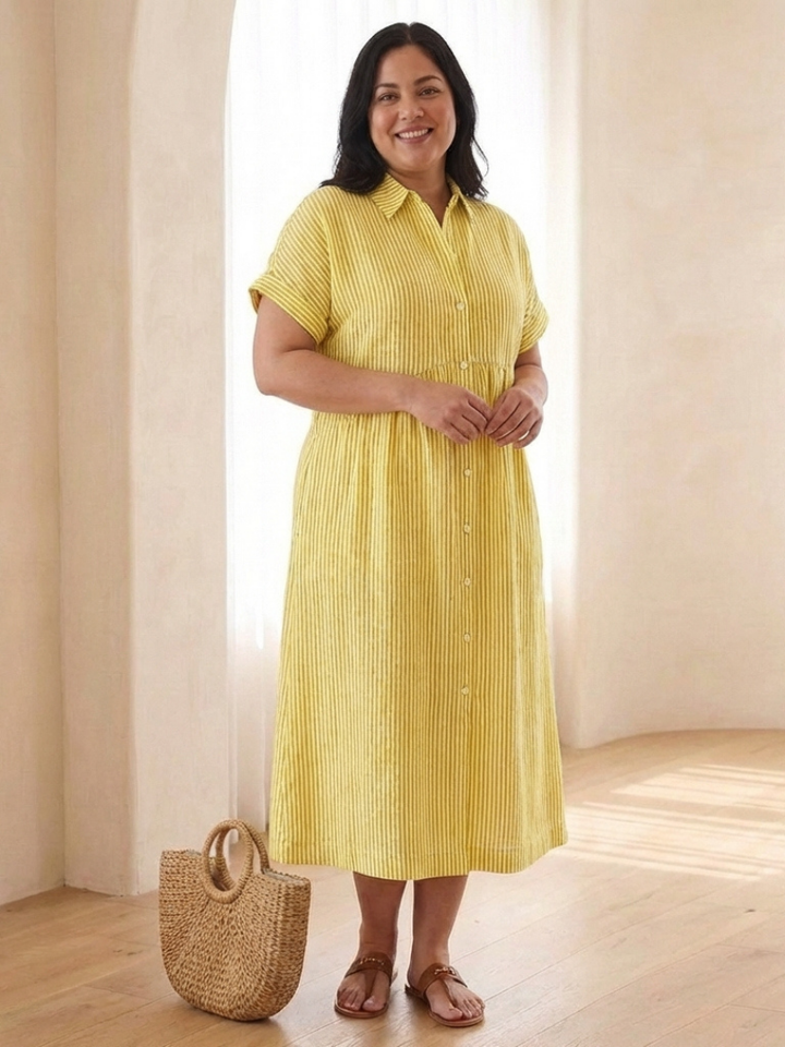 Linnea | Vestito Midi a Manica Corta con Bottoni Frontali a Righe