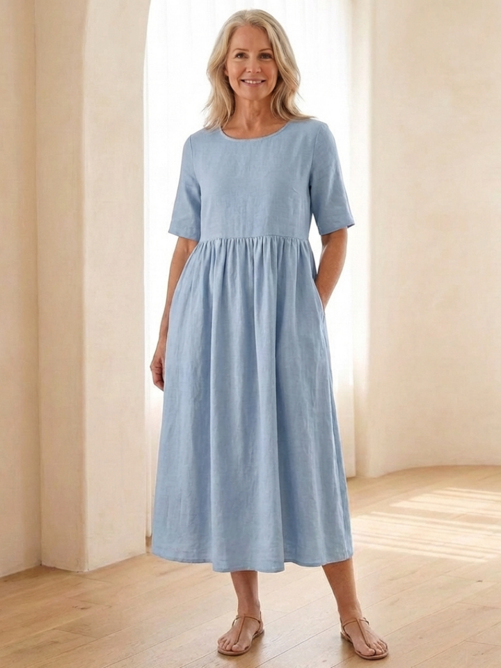 Maribel | Vestito Midi con Collo Rotondo e Maniche Corte Arricciate
