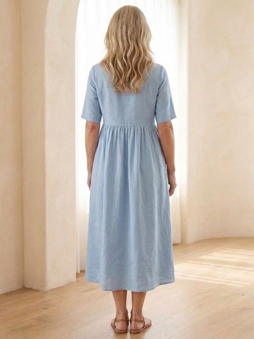 Maribel | Vestito Midi con Collo Rotondo e Maniche Corte Arricciate