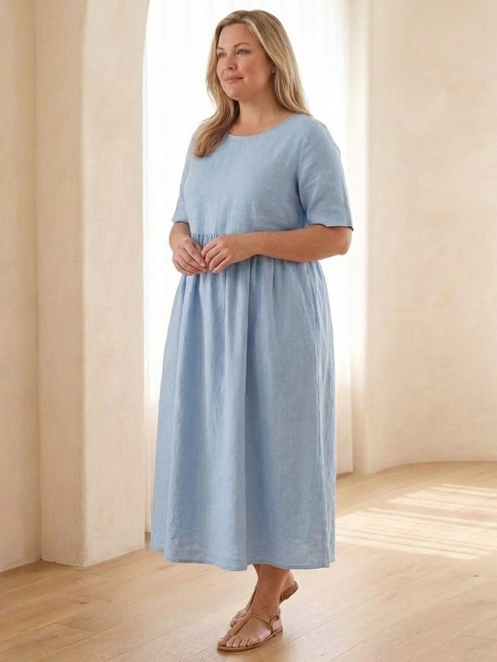 Maribel | Vestito Midi con Collo Rotondo e Maniche Corte Arricciate
