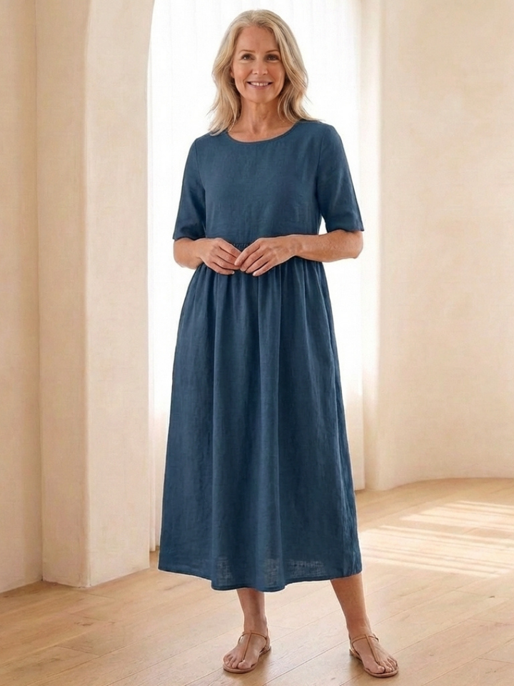 Maribel | Vestito Midi con Collo Rotondo e Maniche Corte Arricciate