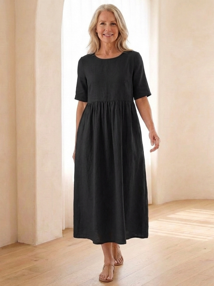 Maribel | Vestito Midi con Collo Rotondo e Maniche Corte Arricciate
