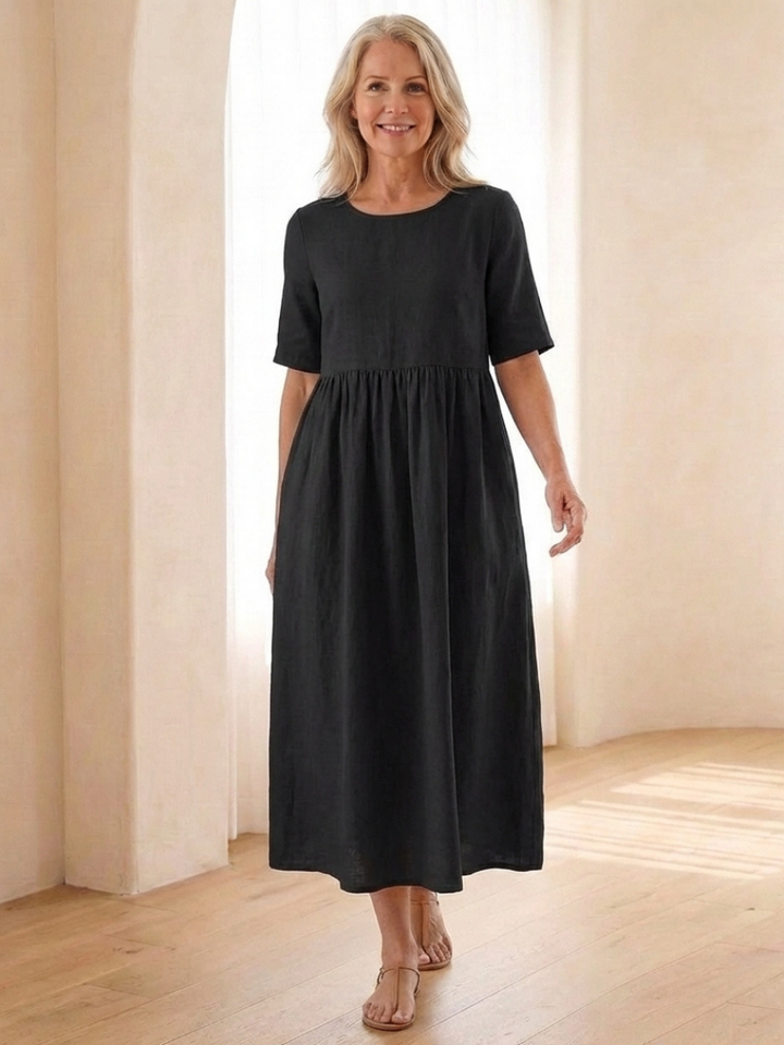 Maribel | Vestito Midi con Collo Rotondo e Maniche Corte Arricciate