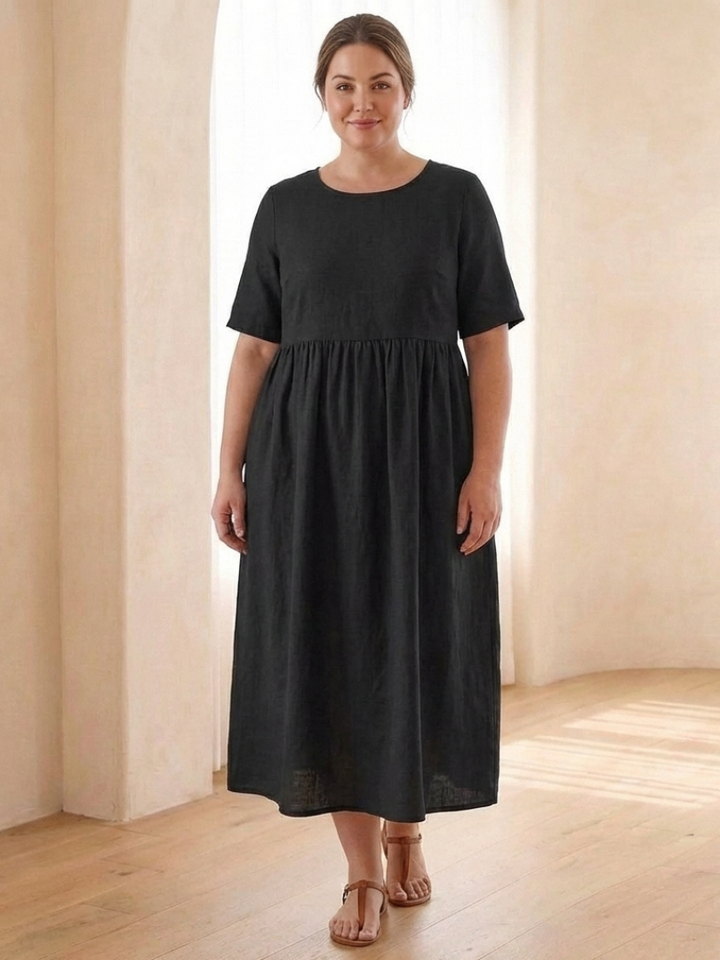 Maribel | Vestito Midi con Collo Rotondo e Maniche Corte Arricciate