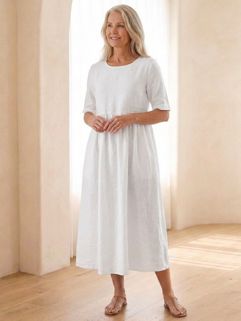 Maribel | Vestito Midi con Collo Rotondo e Maniche Corte Arricciate