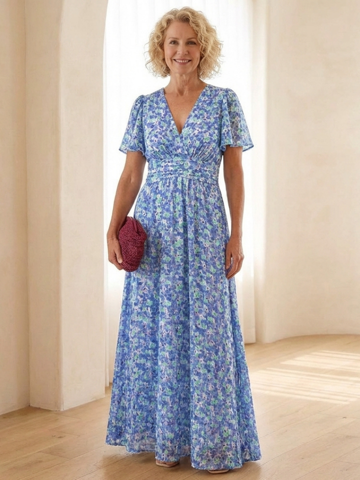 Maris | Vestito Maxi a Manica Corta con Scollatura a V Floreale