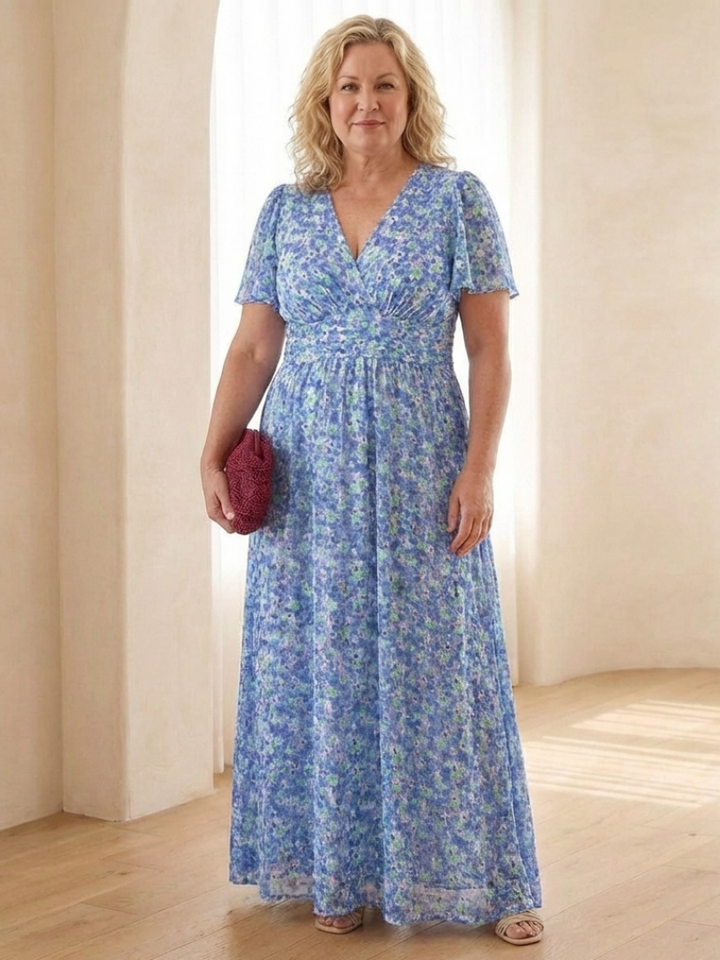 Maris | Vestito Maxi a Manica Corta con Scollatura a V Floreale