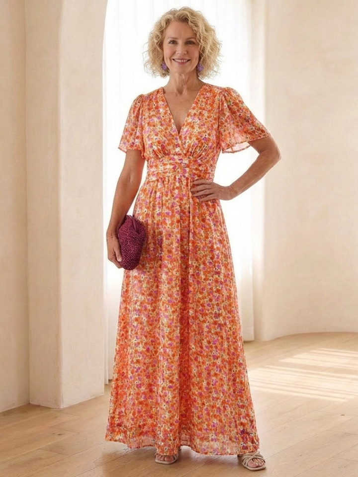 Maris | Vestito Maxi a Manica Corta con Scollatura a V Floreale