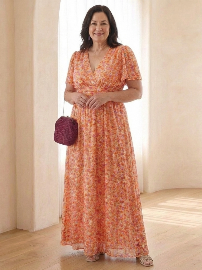 Maris | Vestito Maxi a Manica Corta con Scollatura a V Floreale