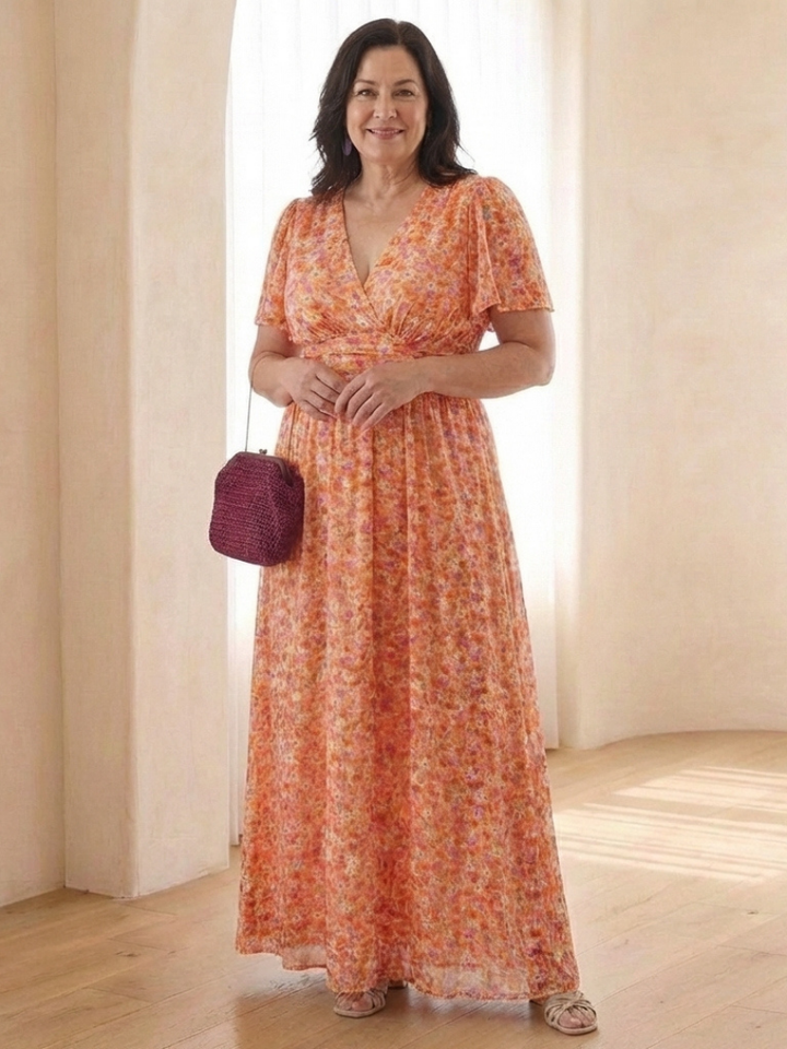 Maris | Vestito Maxi a Manica Corta con Scollatura a V Floreale