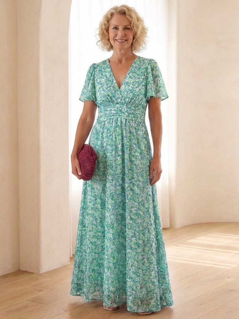 Maris | Vestito Maxi a Manica Corta con Scollatura a V Floreale