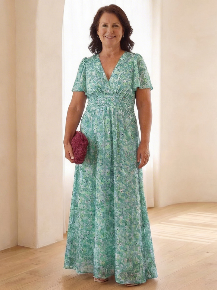 Maris | Vestito Maxi a Manica Corta con Scollatura a V Floreale