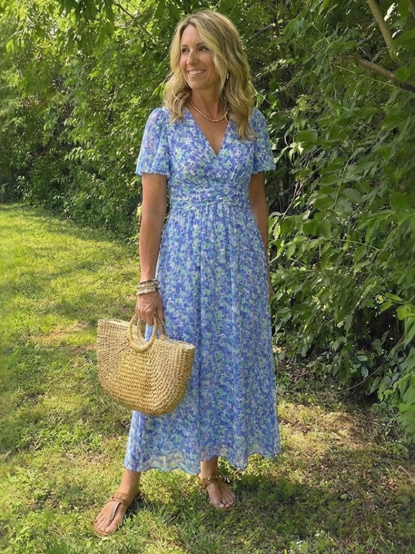 Maris | Vestito Maxi a Manica Corta con Scollatura a V Floreale