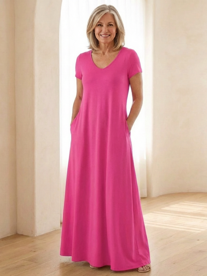 Samira | Vestito Maxi a Maniche Corte con Scollatura a V e Tasche