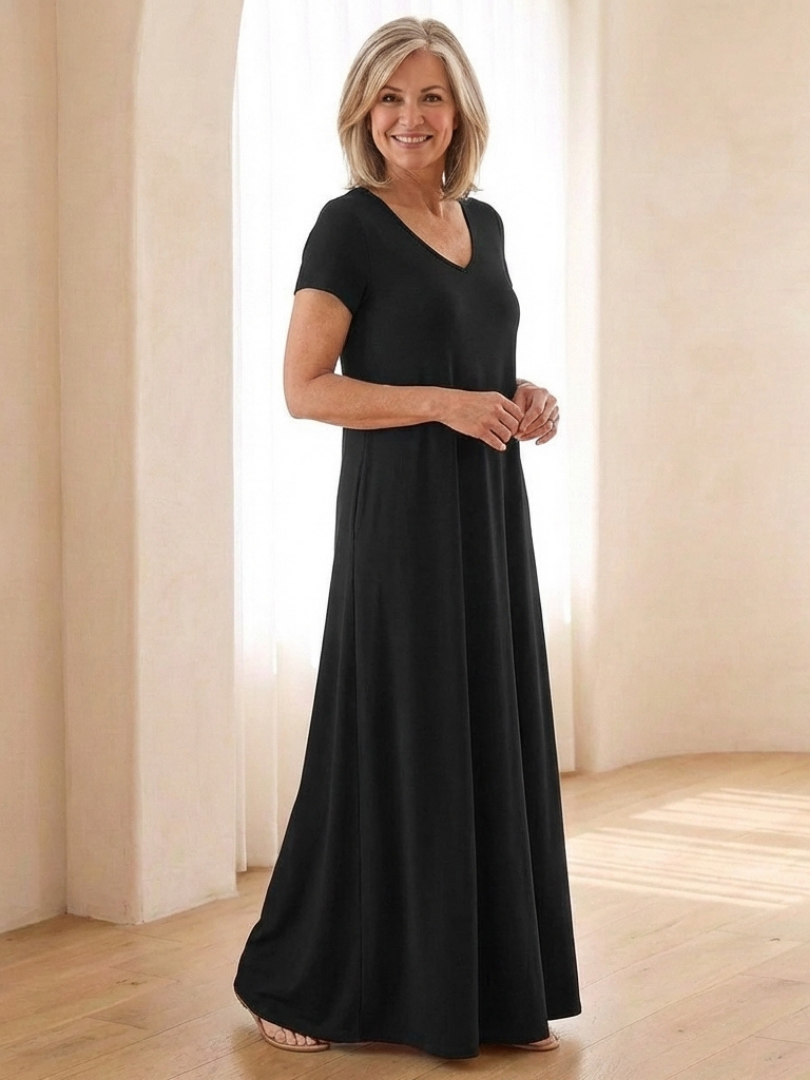 Samira | Vestito Maxi a Maniche Corte con Scollatura a V e Tasche