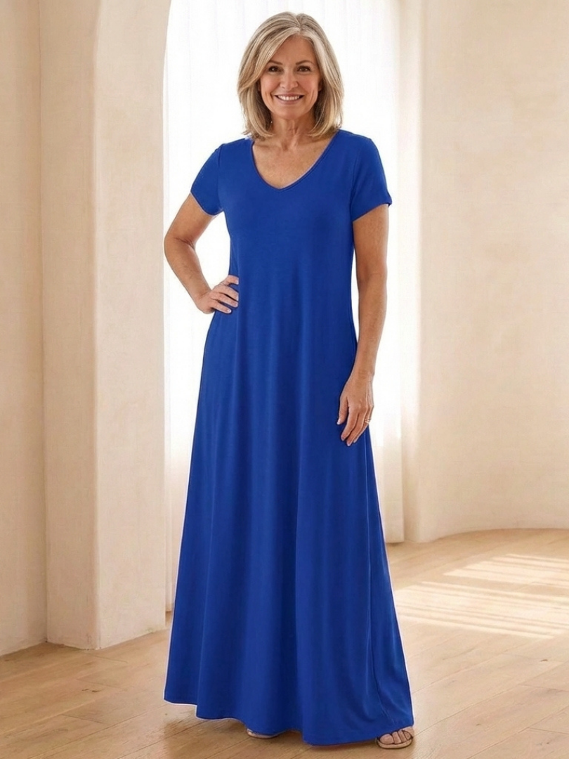 Samira | Vestito Maxi a Maniche Corte con Scollatura a V e Tasche