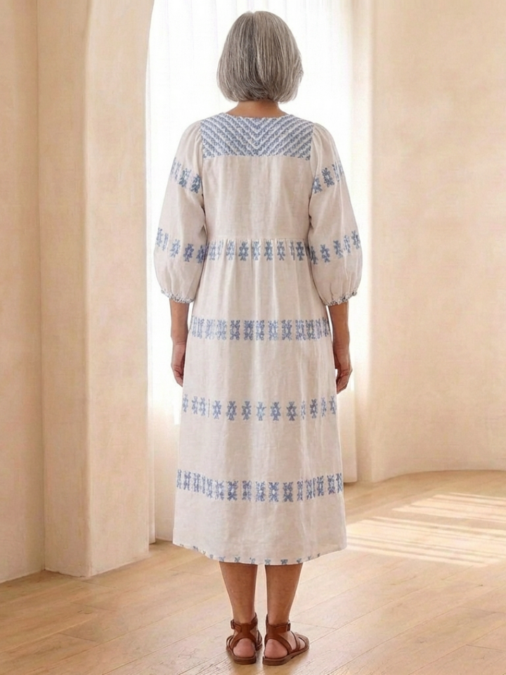 Solene | Abito midi a manica lunga con scollo a V ricamato