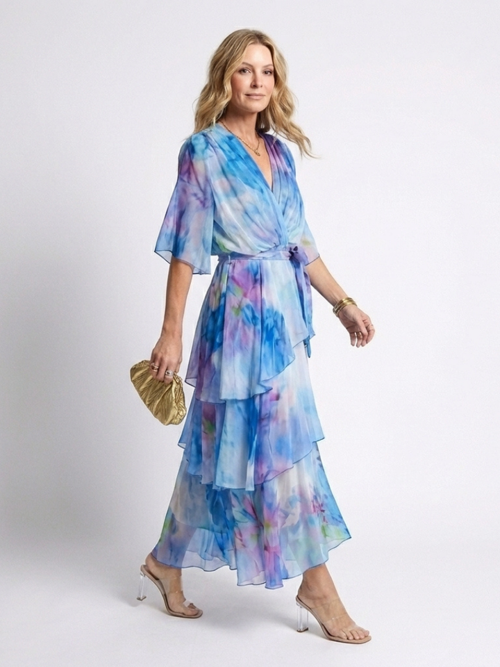 Calista | Vestito Maxi in Chiffon Trasparente con Scollatura a V e Vita con Nastro