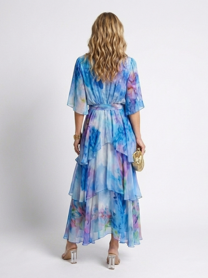 Calista | Vestito Maxi in Chiffon Trasparente con Scollatura a V e Vita con Nastro