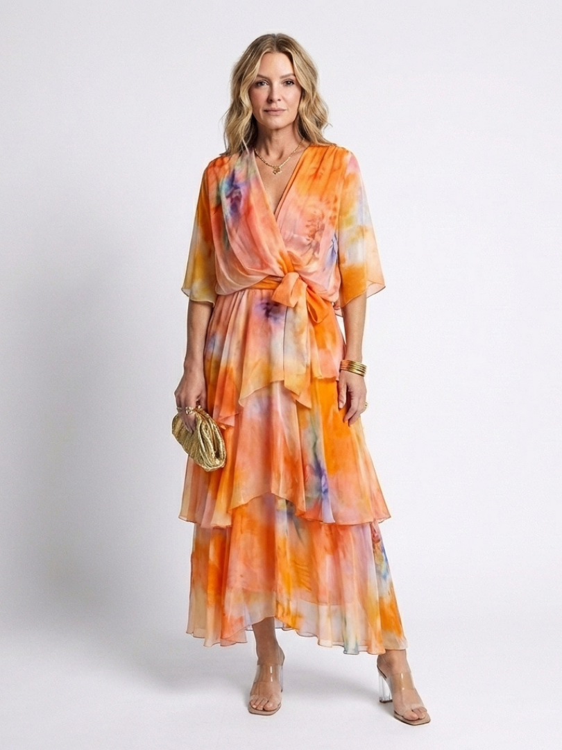 Calista | Vestito Maxi in Chiffon Trasparente con Scollatura a V e Vita con Nastro