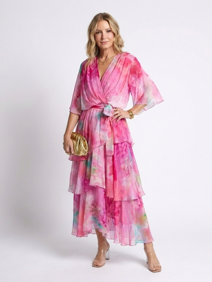 Calista | Vestito Maxi in Chiffon Trasparente con Scollatura a V e Vita con Nastro