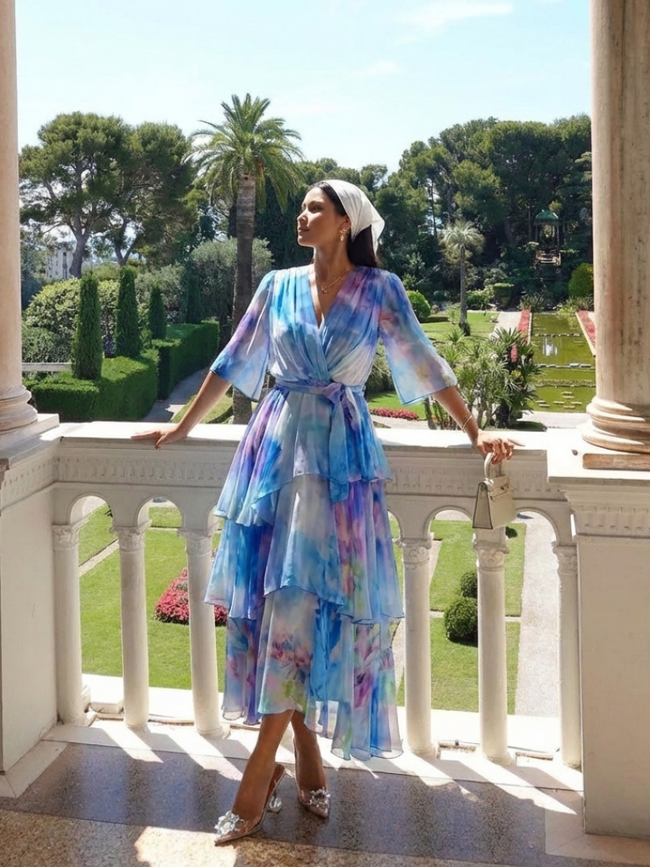 Calista | Vestito Maxi in Chiffon Trasparente con Scollatura a V e Vita con Nastro