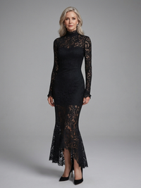 Margaret | Vestito midi in pizzo con collo alto e maniche lunghe