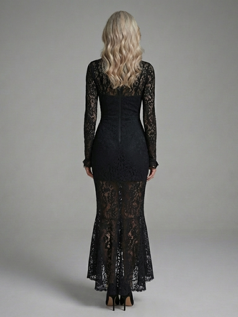 Margaret | Vestito midi in pizzo con collo alto e maniche lunghe