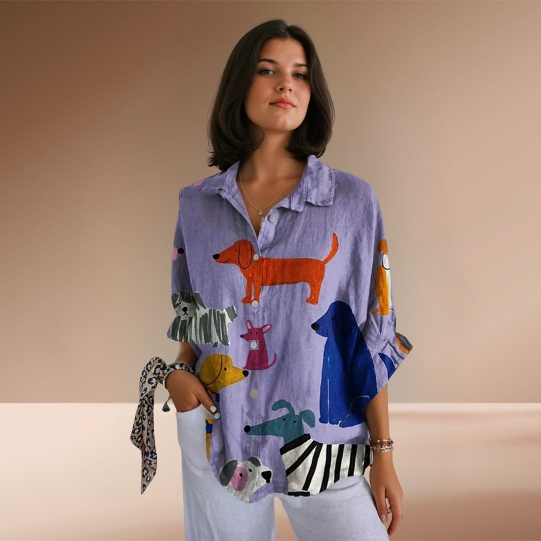 Lene - Camicia Casual con Stampa di Cani