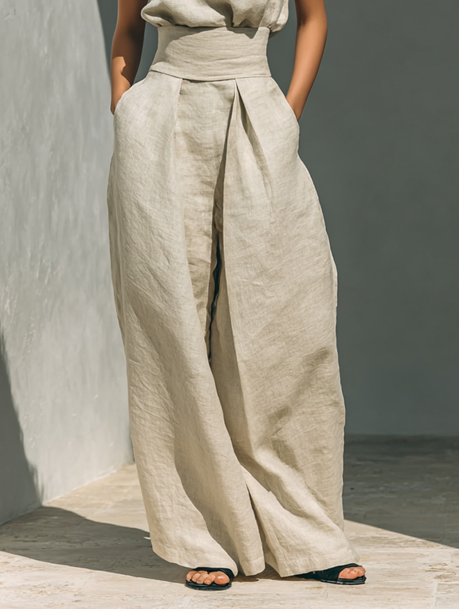 Aurora | Completo Co-Ord Pantaloni Larghi Beige Relaxato Senza Maniche