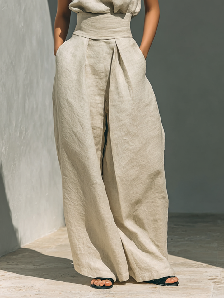 Aurora | Completo Co-Ord Pantaloni Larghi Beige Relaxato Senza Maniche