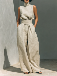 Aurora | Completo Co-Ord Pantaloni Larghi Beige Relaxato Senza Maniche