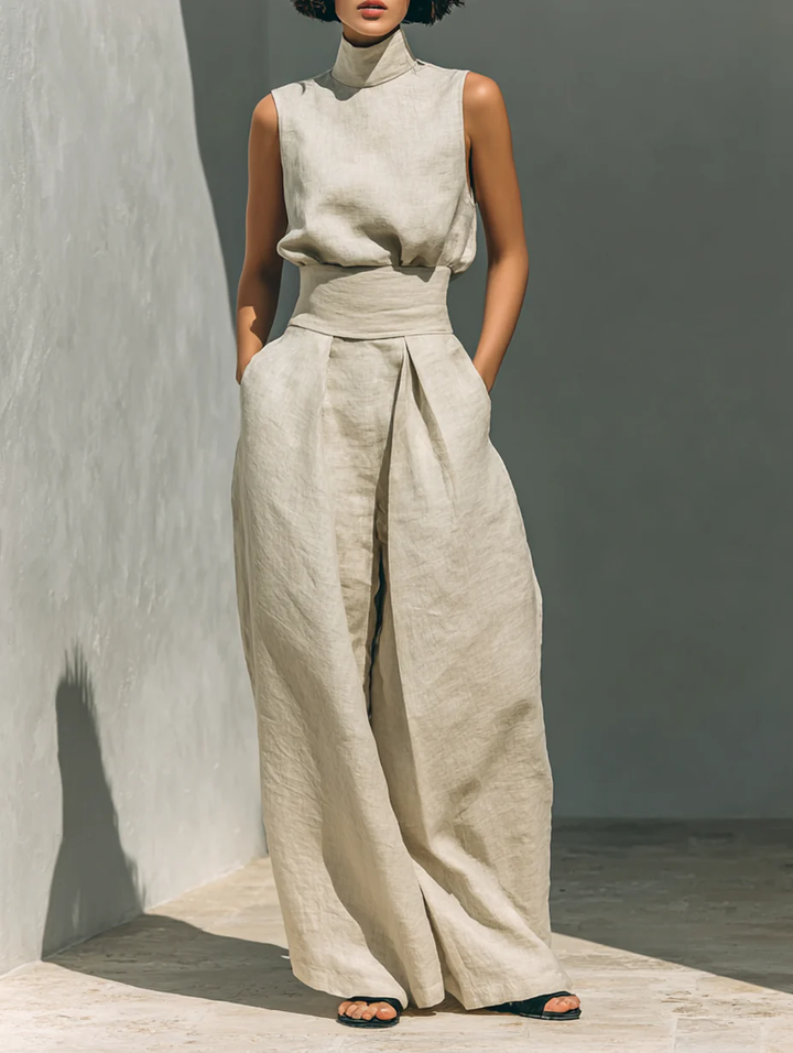 Aurora | Completo Co-Ord Pantaloni Larghi Beige Relaxato Senza Maniche