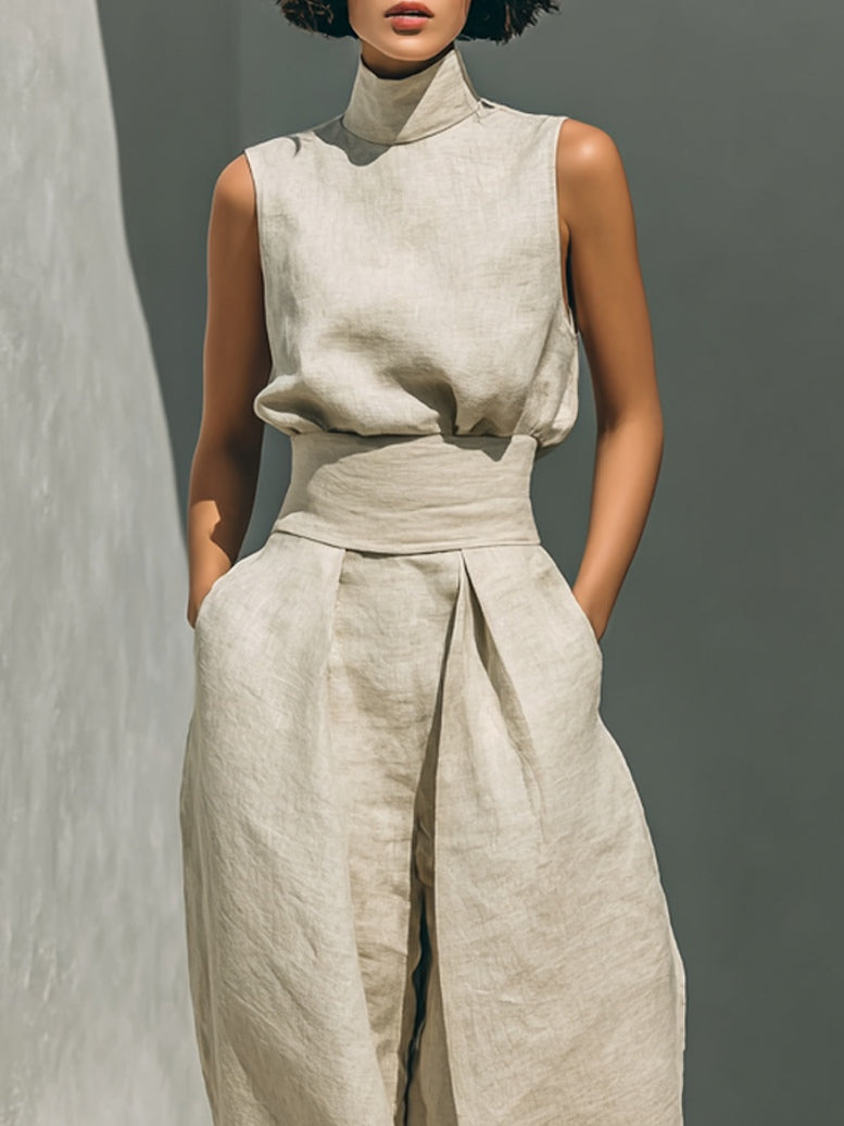 Aurora | Completo Co-Ord Pantaloni Larghi Beige Relaxato Senza Maniche